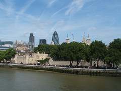 The Tower of London, showing Traitor's Gate to the left of the photo and the four towers of the White Tower appearing above the trees.