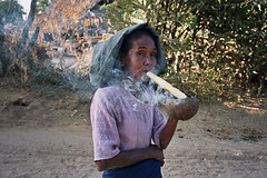 vrouw rookt sigaar /cocosnoot /birma